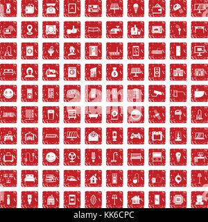 100 smart house icons set grunge red Stock Vector