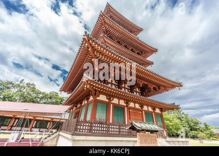 Nara - August 25, 2017 : Yakushi-Ji temple. Saito (West Tower) three-story pagoda. Listed as UNESCO World Heritage Site, under the name of Historic Mo Stock Photo