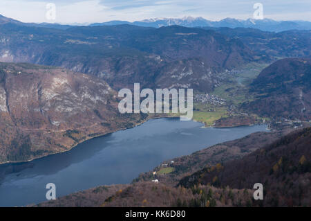 View of Lake Bohinj from the cable car on the way up to the Vogel ski resort Stock Photo