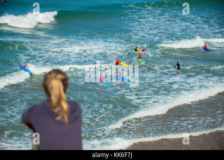 surf lessons at Paradise beach, Maroc Stock Photo