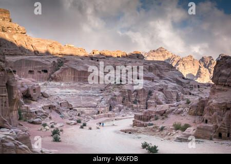 Early morning view from High Place of Sacrifice of Petra archeological site, overlooking Petra valley, with amphitheatre carved from hillside, Jordan Stock Photo