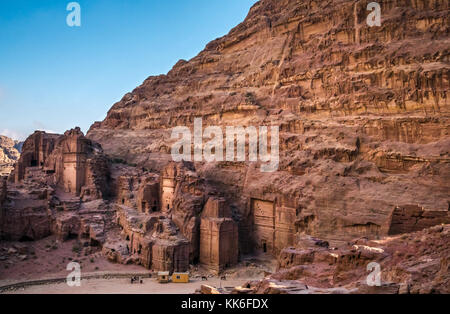 View looking down from above at High Place of Sacrifice to Nabataean sandstone Royal Tombs, Petra, Jordan, Middle East Stock Photo