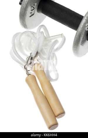 skipping rope and dumbbells Stock Photo