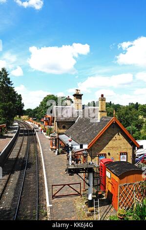 Elevated view of the railway station and platform, Severn Valley Railway, Arley, Worcestershire, England, UK, Western Europe. Stock Photo