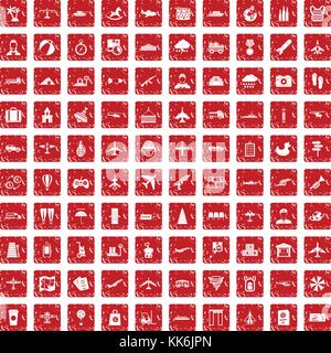 100 plane icons set grunge red Stock Vector