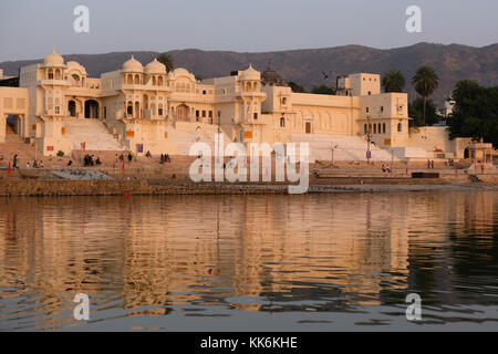 The sacred Lake at Pushkar is surrounded by bathing ghats and temples,Rajasthan,India Stock Photo