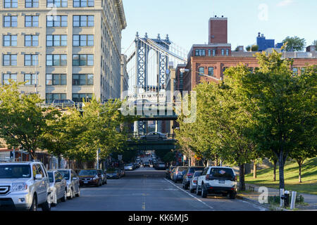 Brooklyn, New York - September 15, 2012: View of the Manhattan Bridge from downtown Brooklyn. Stock Photo
