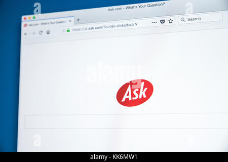 LONDON, UK - NOVEMBER 22ND 2017: The homepage of Ask.com - a question answering-focused e-business and web search engine, on 22nd November 2017. Stock Photo