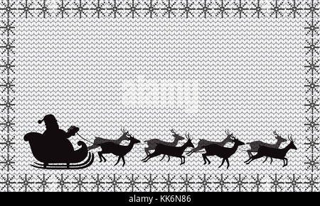 Black silhouette of Santa Claus flying in a sleigh with eight reindeer on white  knitted background framed with snowflakes. Christmas and New Year vec Stock Photo