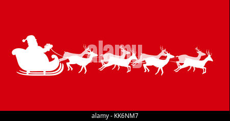 Vector illustration of Santa Claus riding  a sleigh with harness full of gifts, pulled by eight reindeer, white silhouette of Santa isolated on red ba Stock Photo