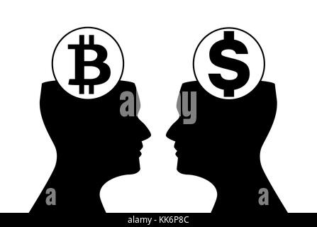 Dollar and bitcoin signs inside of human heads watching on each other. Black silhouette isolated on white background. Vector illustration, icon, emble Stock Photo