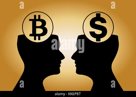 Dollar and bitcoin signs inside of human heads watching on each other. Black silhouette on golden background. Vector illustration, icon, emblem. Stock Photo