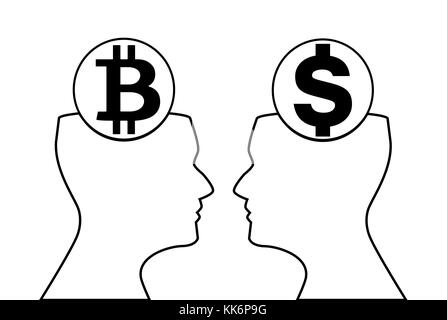 Dollar and bitcoin signs inside of outline silhouette of human heads watching on each other. Black silhouette on golden background. Vector illustratio Stock Photo