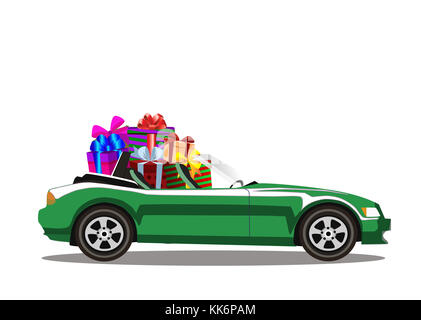 Green modern cartoon cabriolet car full of gift boxes isolated on white background. Sports car. Vector illustration. Clip art. Stock Photo