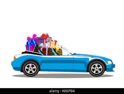 Light blue modern cartoon cabriolet car full of gift boxes isolated on white background. Sport car. Vector illustration. Clip art. Stock Photo