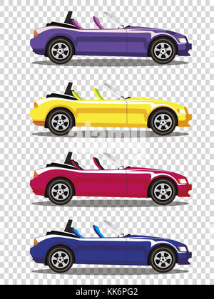 Set of modern cartoon colored cabriolet cars isolated on transparent background. Sports cars. Blue, yellow, red and violet cars. Vector illustration.  Stock Photo