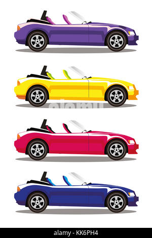 Set of modern cartoon colored cabriolet cars isolated on white background. Sports cars. Blue, yellow, red and violet cars. Flat vector illustration. C Stock Photo