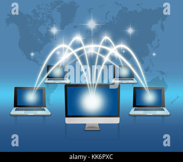 Connection of Laptops and computer over earth and world map with network line background,Elements of this image furnished by NASA,Business network con Stock Photo