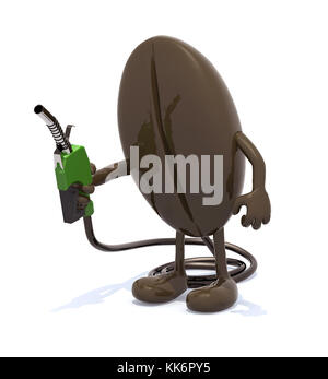 coffee bean with arms, legs and fuel pump on hand, gasoline energy from coffee concept, 3d illustration Stock Photo
