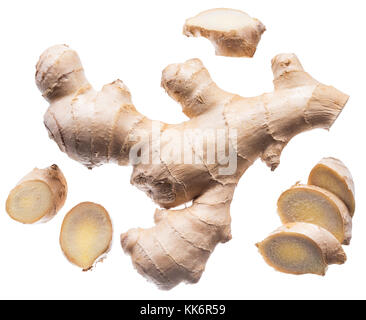 Fresh ginger rhizome or ginger root. Isolated on white background. Stock Photo