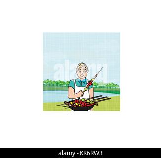 Man cooking on his barbecue Stock Vector