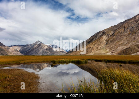 A pond reflect HImalayan peaks in the Suru River Valley - ZANSKAR, LADAKH, INDIA Stock Photo