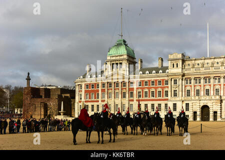 London, UK - November 24, 2016: Members of the Household Cavalry on duty at Horse Guards building during the Changing of the Guard in London. The Cava Stock Photo