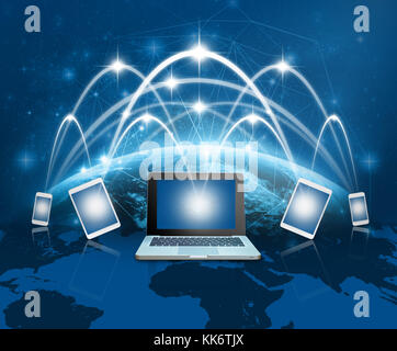Laptops, tablet and smart mobile phone against globe blue over earth and world map with network line background,Elements of this image furnished by NA Stock Photo