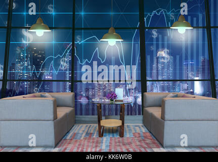 Lobby area of a hotel which can see Trading graph on the cityscape at night background with lighting,Business financial concept Stock Photo