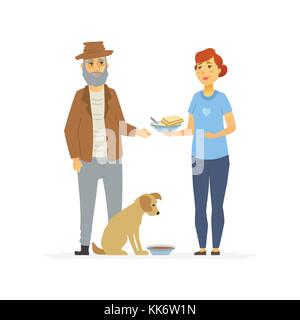 Volunteer bring food to homeless - cartoon people characters isolated illustration Stock Vector