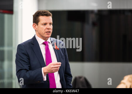 Rhun Ap Iowerth AM, Plaid Cymru Member of the Welsh Assembly Government for Ynys Môn, speaking in Tŷ Hywel in Cardiff Bay Stock Photo