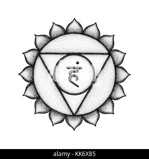 Vector fifth Vishuddha throat chakra sanskrit seed mantra Ham hinduism syllable lotus petals. Dot work tattoo style hand drawn black monochrome symbol Stock Vector