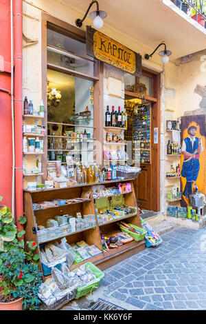 Small shop in Chania Shop selling local foods and products, Chania, Crete, Greece Stock Photo