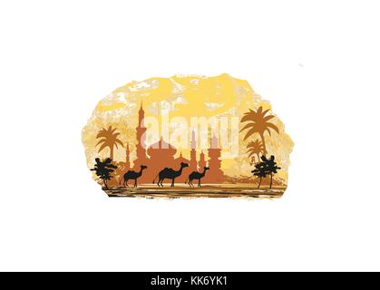 Camel trip with mosque background Stock Vector
