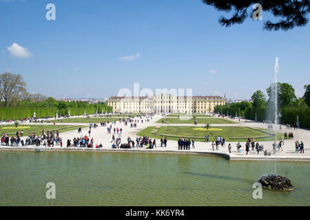 VIENNA, AUSTRIA - APR 30th, 2017: Schonbrunn Palace with Neptune Fountain in Vienna. It's a former imperial 1441-room Rococo summer residence of Sissi Empress Elisabeth of Austria in modern Wien Schoenbrunn Stock Photo