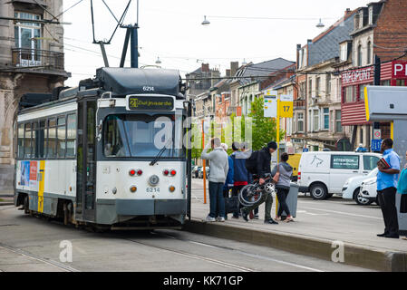 Ghent, Belgium - April 16, 2017: Tram on the streets of Ghent, Belgium Stock Photo