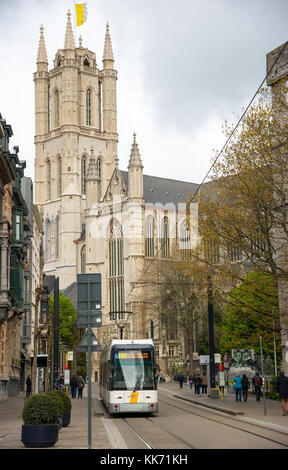 Ghent, Belgium - April 16, 2017: Tram on the streets of Ghent, Belgium Stock Photo
