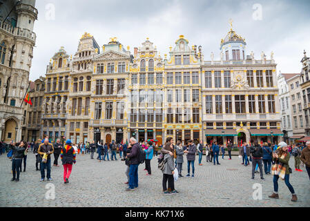 Brussels, Belgium - April 22, 2017: Guildhalls on the Grand Place - Grote Markt is the central square of Brussels. Belgium. Stock Photo