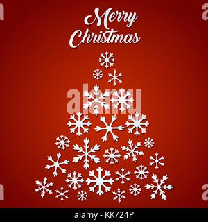 Christmas tree made of snowflakes on red background Stock Vector