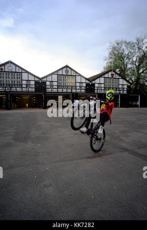 teenage boy doing a wheelie on his bicycle in Bedford, Bedfordshire, England Stock Photo