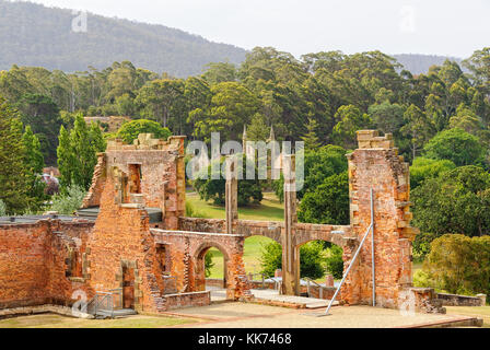 Ruins of Convict Hospital on top of Settlement Hill at Port Arthur Historic Site - Tasmania, Australia Stock Photo