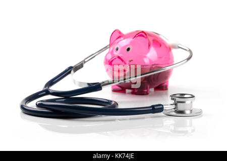 piggy bank with stethoscope isolated on white background Stock Photo