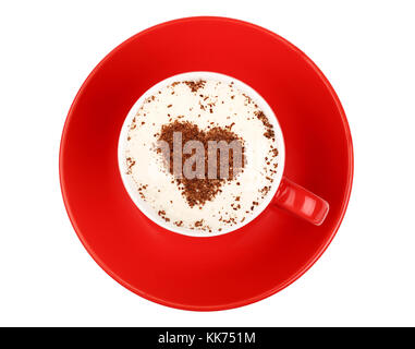 Close up one latte cappuccino coffee with heart shaped chocolate milk topping in red cup with saucer isolated on white background, elevated top view,  Stock Photo