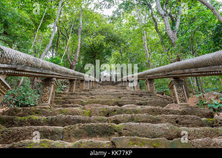 A ground level view of steps leading up to Prasat Banan, a hilltop temple outisde of Battambang, Cambodia. Stock Photo