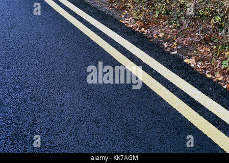 Double yellow no parking road markings on tarmac from England UK Essex Stock Photo