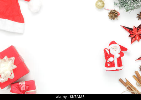 Above view aerial image of ornaments & decorations Merry Christmas & Happy new year concept.Essential accessories on white background.Table top beauti Stock Photo