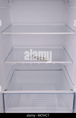 Dollars inside in empty clean refrigerator with opened door Stock Photo