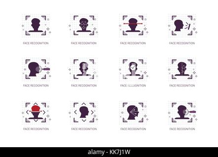 Face Recognition System Icons Set Biometric Identification Concept Thin Line Stock Vector