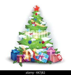 Christmas Tree Decoration Colorful Balls, Garland And Presents Isolated On White Background Stock Vector