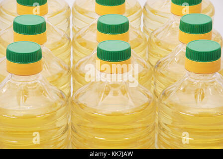 Background on bottle of sunflower oil clipping path. Close-up Stock Photo